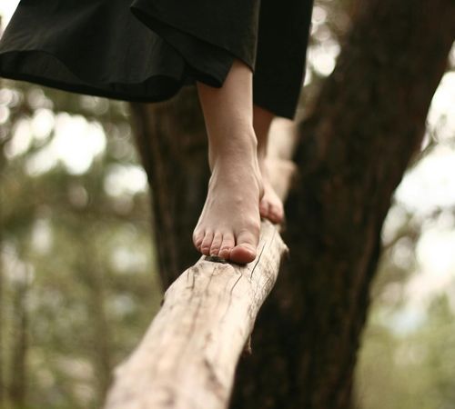 Close-up of feet on a mat, showing focus on grounding.